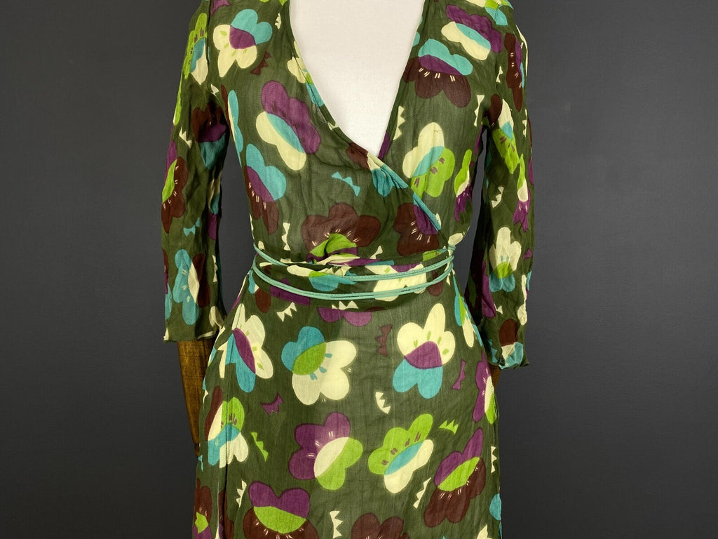 Gudrun Sjoden Green Floral Wrap Belted 3/4 Sleeve Blouson Midi Dress – Size M
