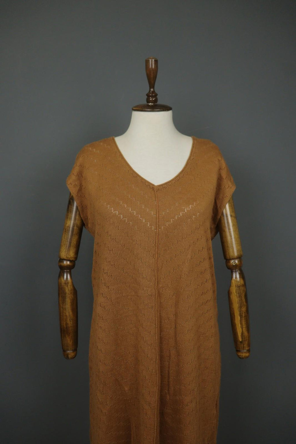 GUDRUN SJODEN Brown Ramie Open Knit Short Sleeve V-Neck Sweater Dress – Size L – Used