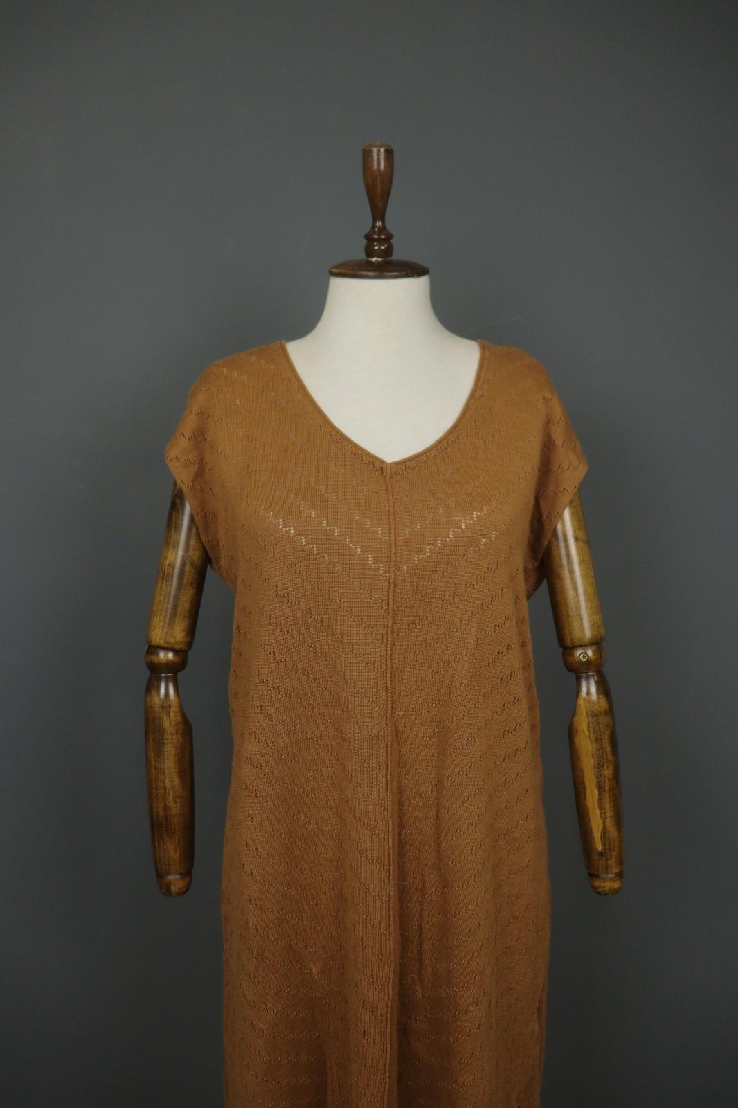 GUDRUN SJODEN Brown Ramie Open Knit Short Sleeve V-Neck Sweater Dress – Size L