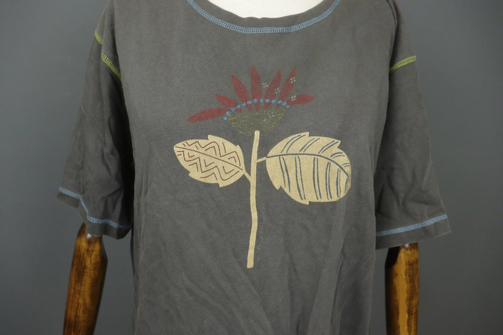 GUDRUN SJÖDEN Gray Palm Graphic Cotton Short Sleeve Round Neck T-Shirt – Size L/XL