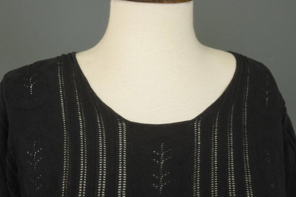 GUDRUN SJODEN Black Silk Open Knit Long Sleeve Round Neck Pullover Sweater