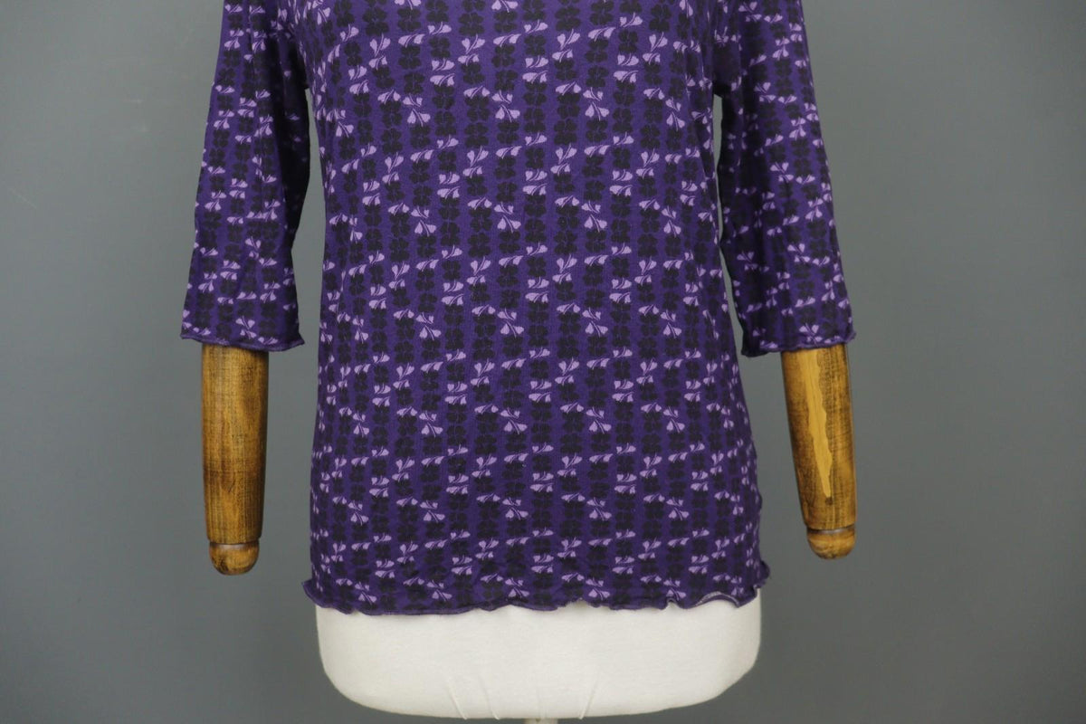GUDRUN SJODEN Purple Viscose Floral 3/4 Sleeve Round Neck Blouse Top – Size L