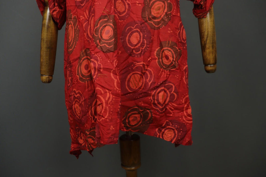 GUDRUN SJODEN Red Cotton Floral Roll Tab Sleeve Button Front Shirt Dress – Size L