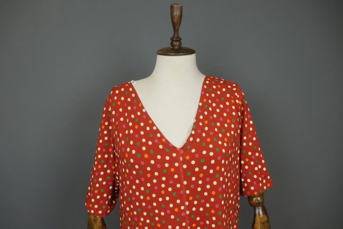GUDRUN SJODEN Red Polka Dot Organic Cotton Short Sleeve V-Neck Sheath Dress Sz L