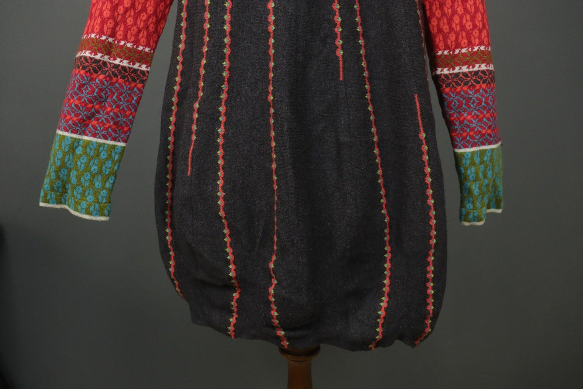 IVKO Multi Geo Print 100% Wool Knitted Long Sleeve V-Neck Sweater Dress – Size 40
