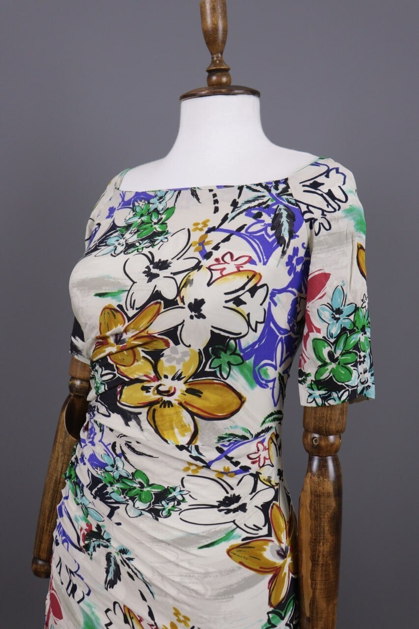 Etro Milano White Floral Silk Short Sleeve Summer Bodycon Dress – Size 42 / M