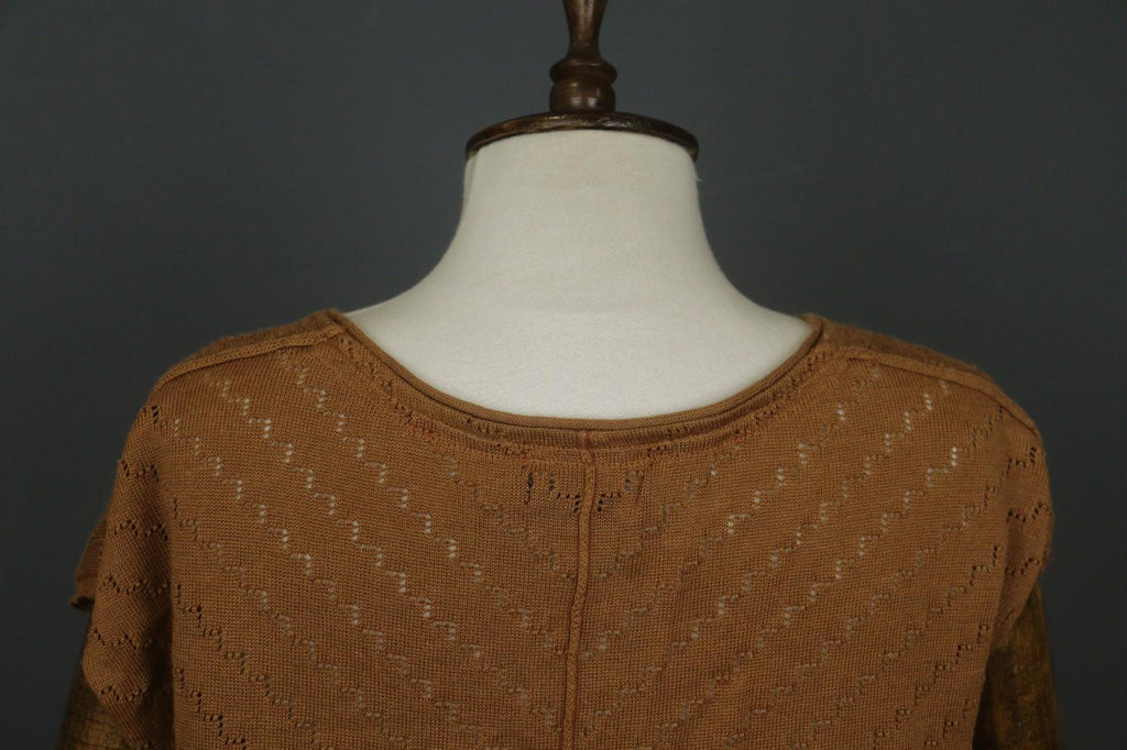 GUDRUN SJODEN Brown Ramie Open Knit Short Sleeve V-Neck Sweater Dress – Size L – Used