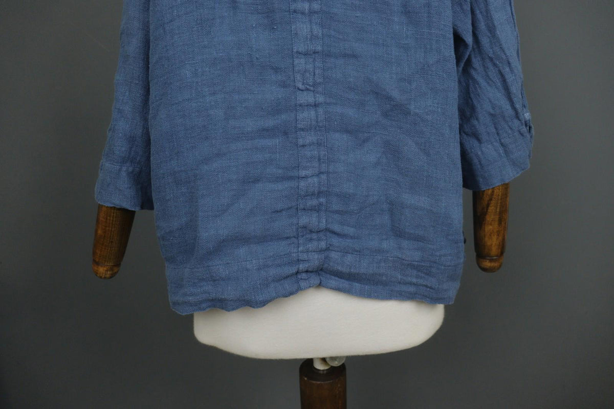 GRIZAS Blue Linen Knitted 3/4 Sleeve Pocket Hem Button Front Cardigan – Size L