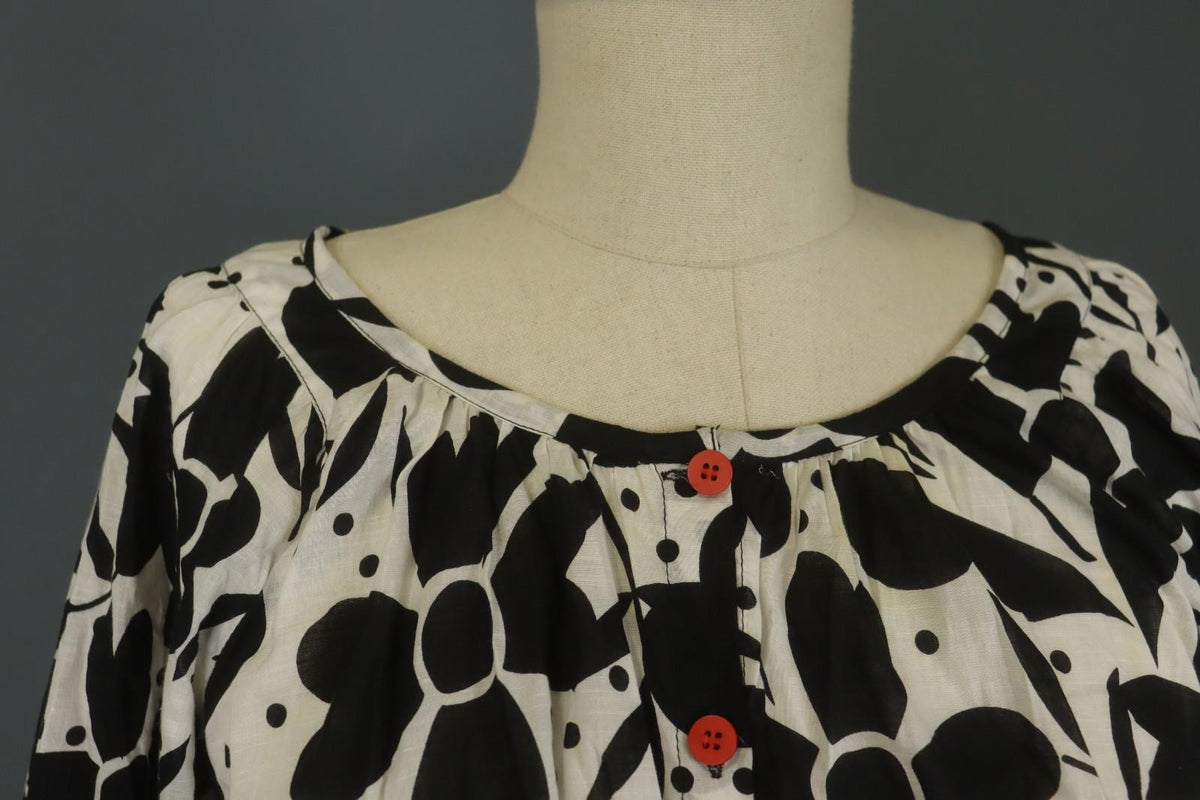 GUDRUN SJODEN White Black Floral Cotton Long Sleeve Button Front Blouse Top Sz S
