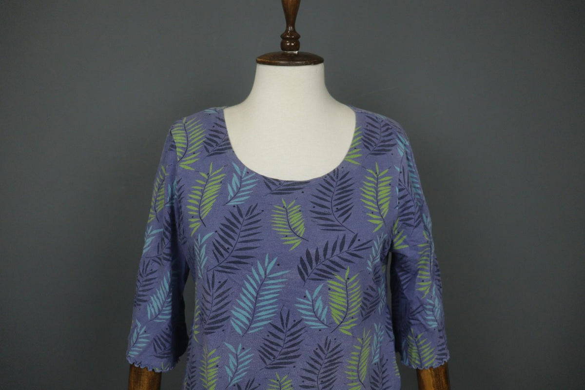 GUDRUN SJODEN Blue Palm Leaf Print Cotton 3/4 Sleeve Pullover Knit Top – Size M