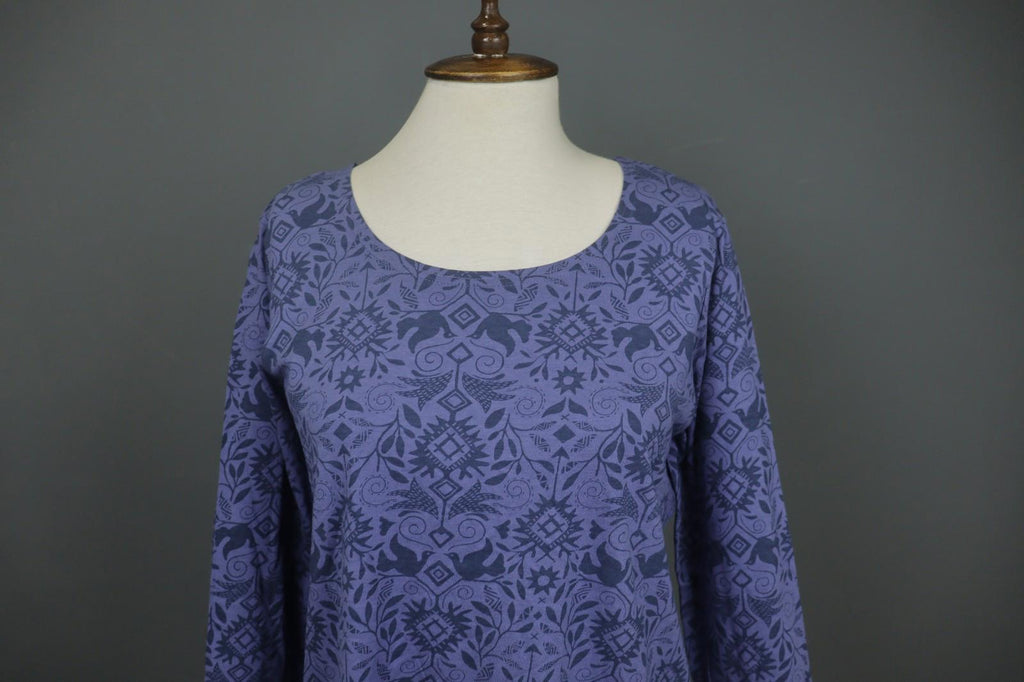GUDRUN SJODEN Purple Palm Leaf Print Cotton Round Neck Pullover Blouse Top Sz M