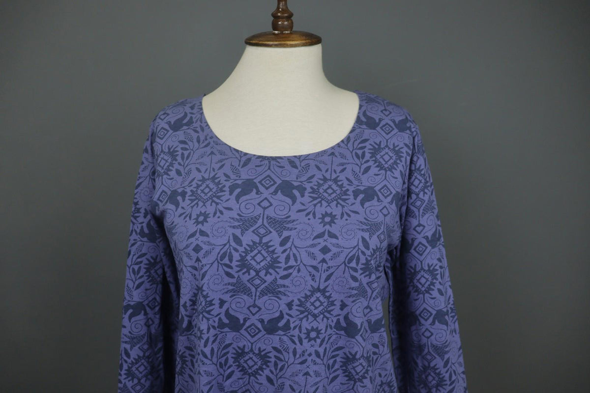 GUDRUN SJODEN Purple Palm Leaf Print Cotton Round Neck Pullover Blouse Top Sz M