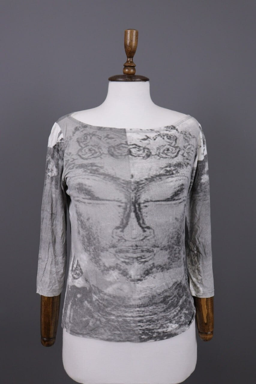 Sarah Pacini Gray Printed 3/4 Sleeve Lightweight Top Shirt One Size