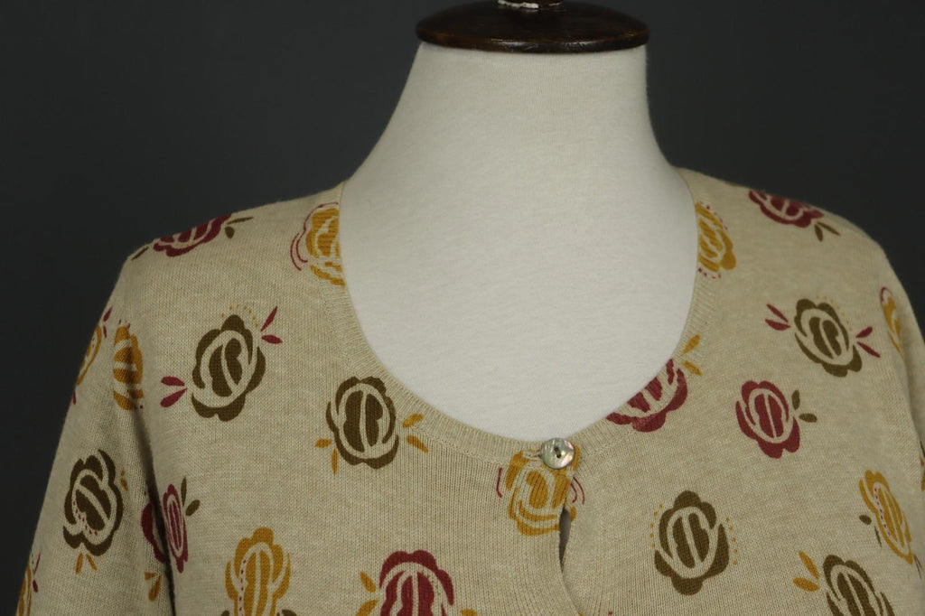 GUDRUN SJODEN Multi Floral 100% Cotton Knit Round Neck Cardigan Sweater – Size M