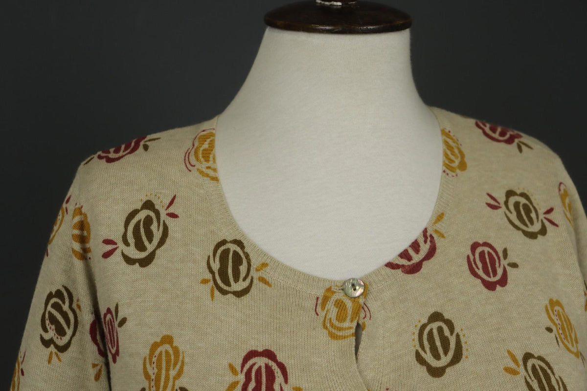 GUDRUN SJODEN Multi Floral 100% Cotton Knit Round Neck Cardigan Sweater – Size M