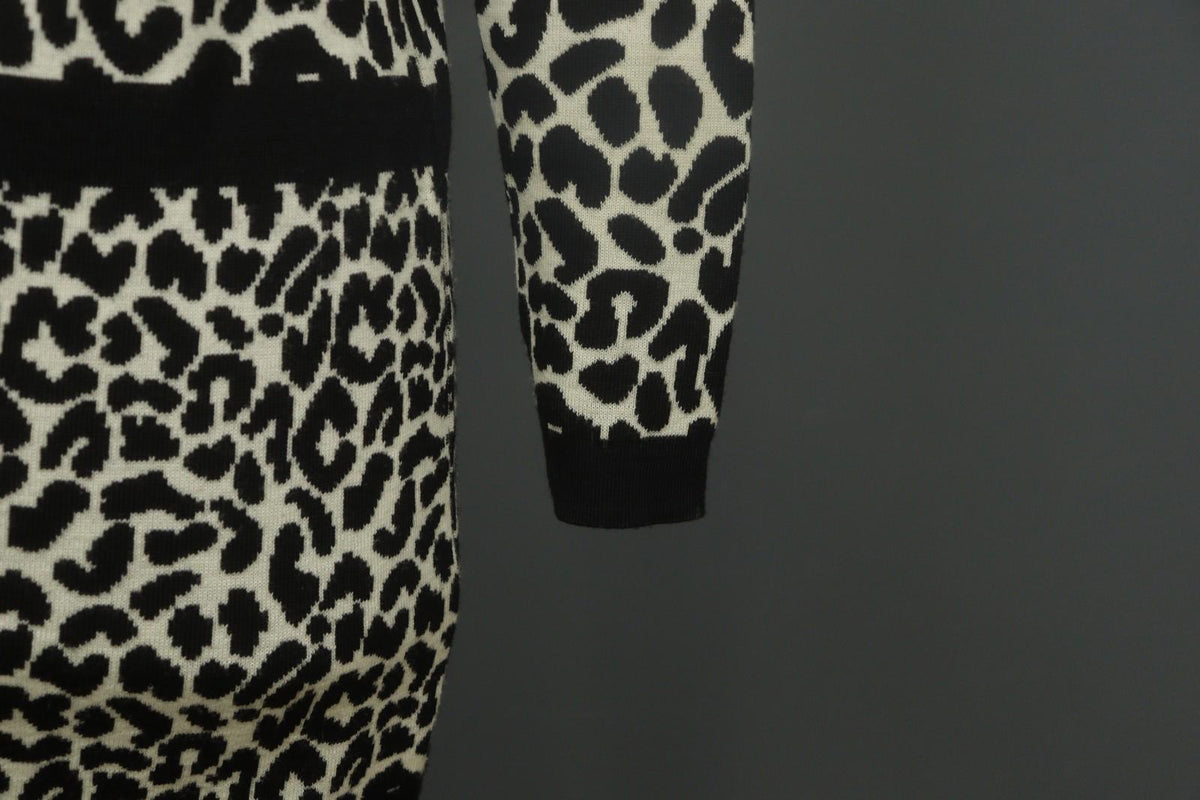 GIVENCHY Life Black White Leopard Print 100% Wool Long Sleeve Sweater Dress M/L