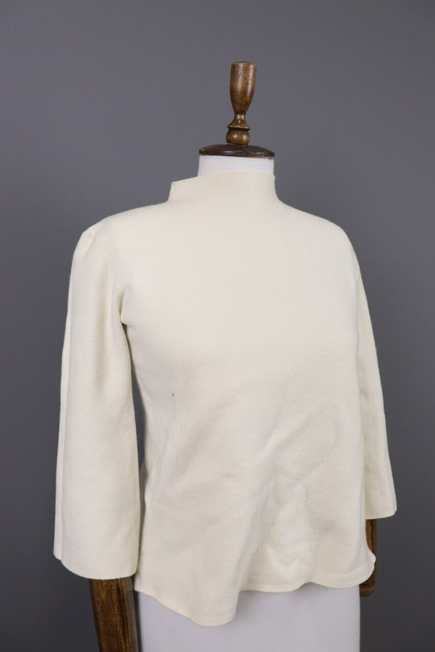 Adam Lippes Beige High Neck Merino 3/4 Sleeve Wool Knitted Sweater – Size L