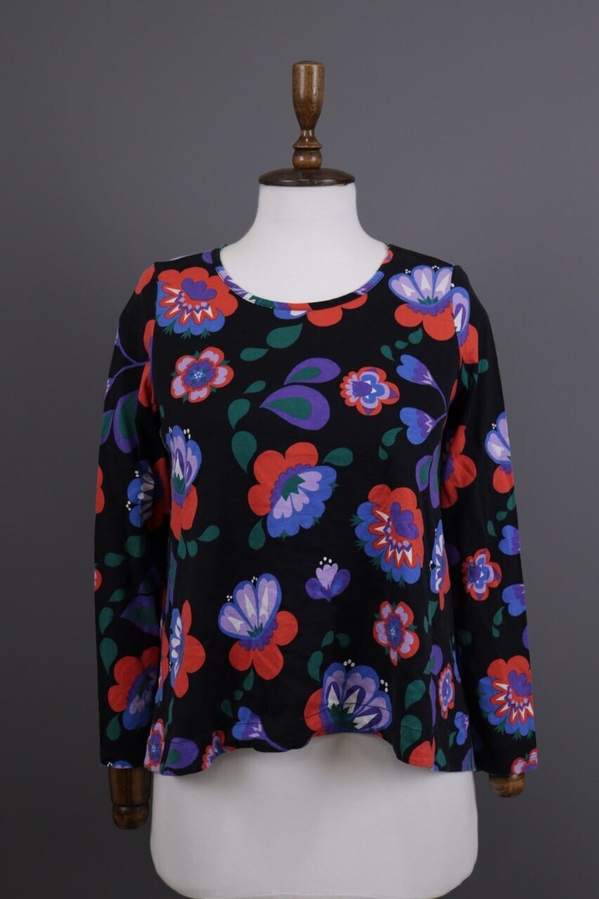 Marimekko Mukkamauija Black Lonk Sleeve Floral Summer Blouse Shirt – Size XS