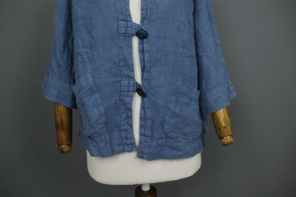 GRIZAS Blue Linen Knitted 3/4 Sleeve Pocket Hem Button Front Cardigan – Size L