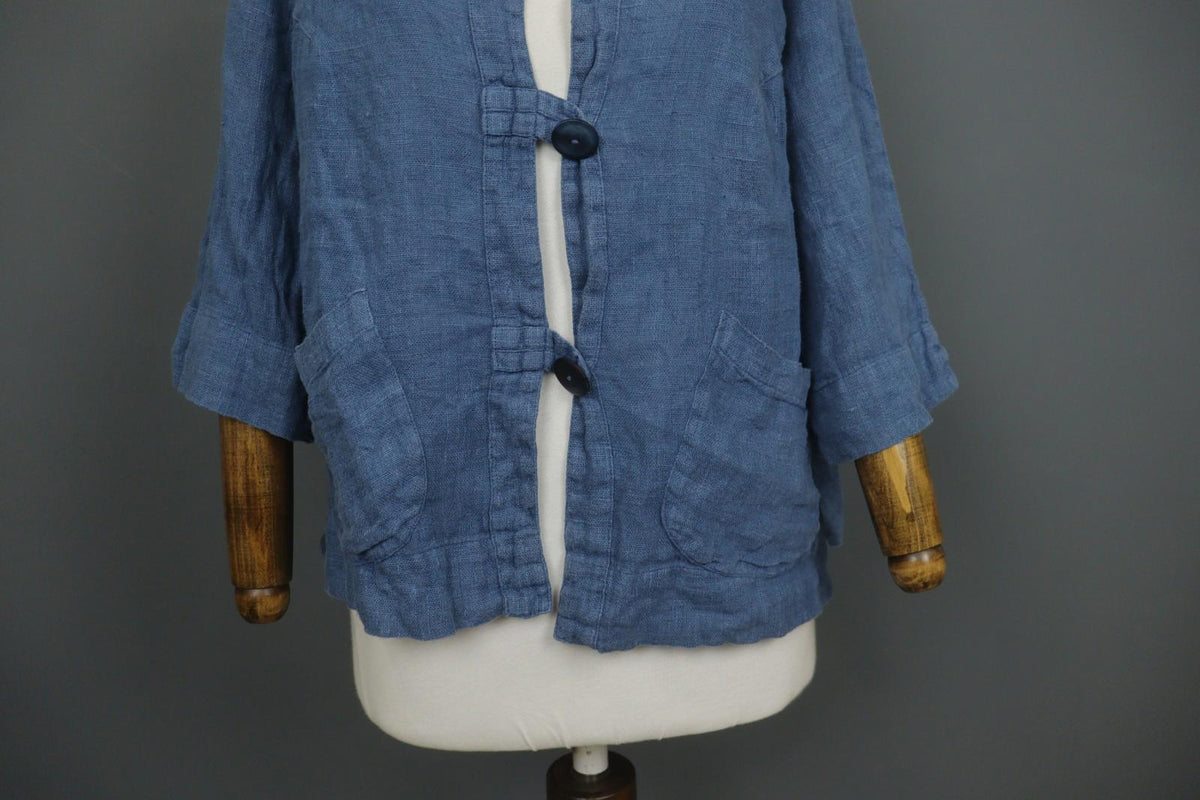 GRIZAS Blue Linen Knitted 3/4 Sleeve Pocket Hem Button Front Cardigan – Size L