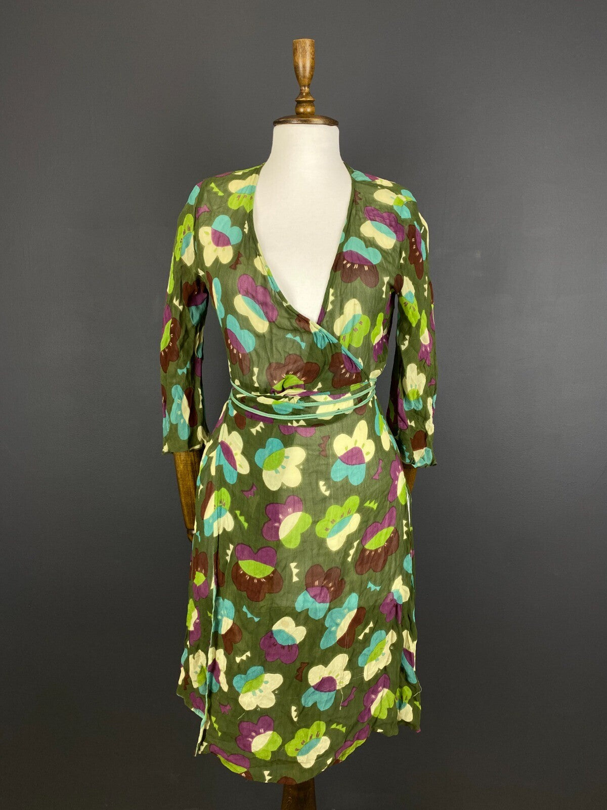 Gudrun Sjoden Green Floral Wrap Belted 3/4 Sleeve Blouson Midi Dress – Size M
