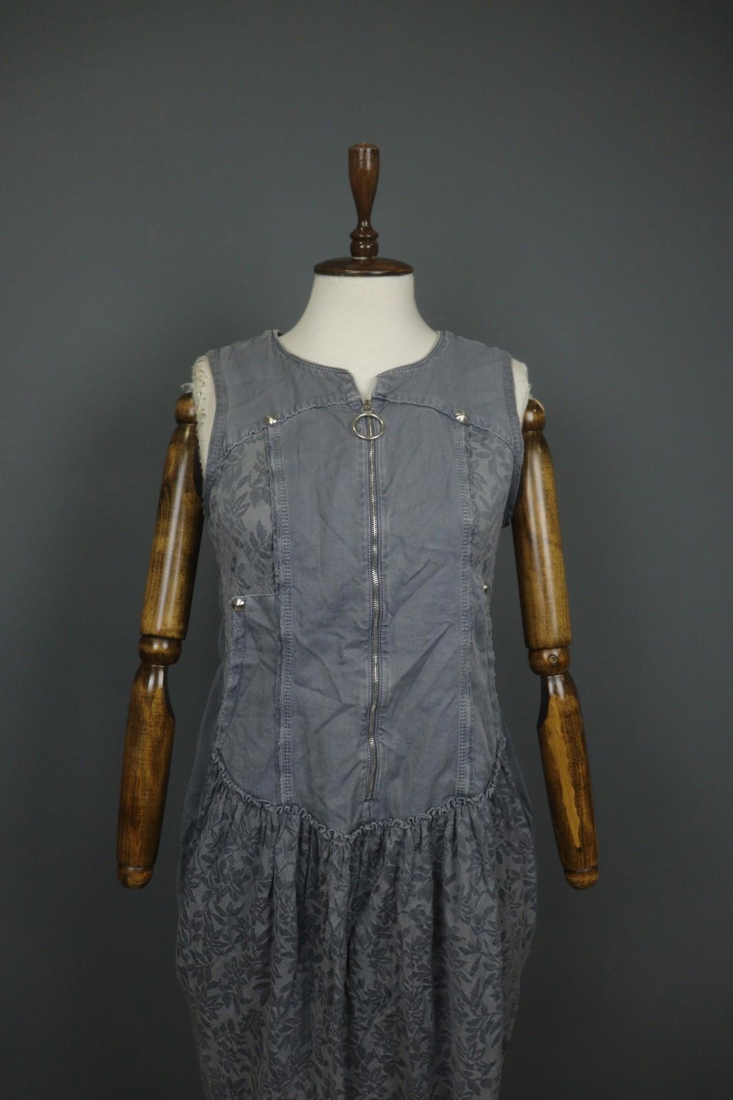 HIGH USE Gray Floral Cotton Sleeveless Sweetheart Neck 3/4 Zip Shift Dress Sz 38