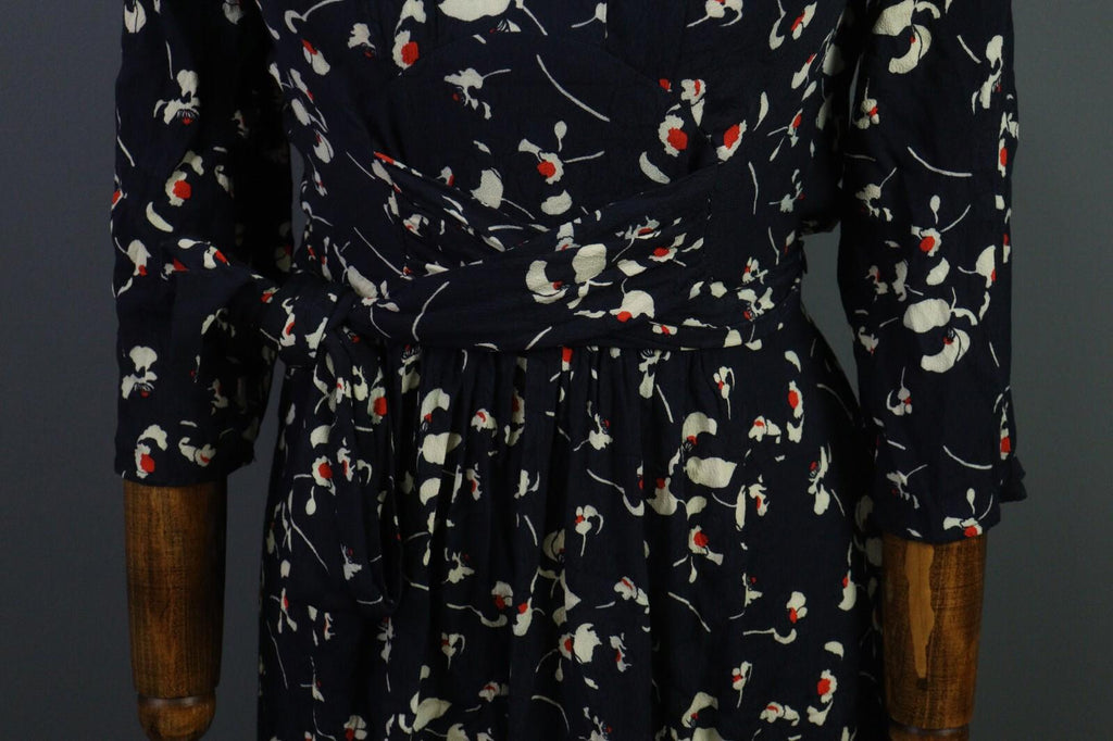 BA&SH Black Floral Long Sleeve V-Neck Belted A-Line Midi Dress – Size 4