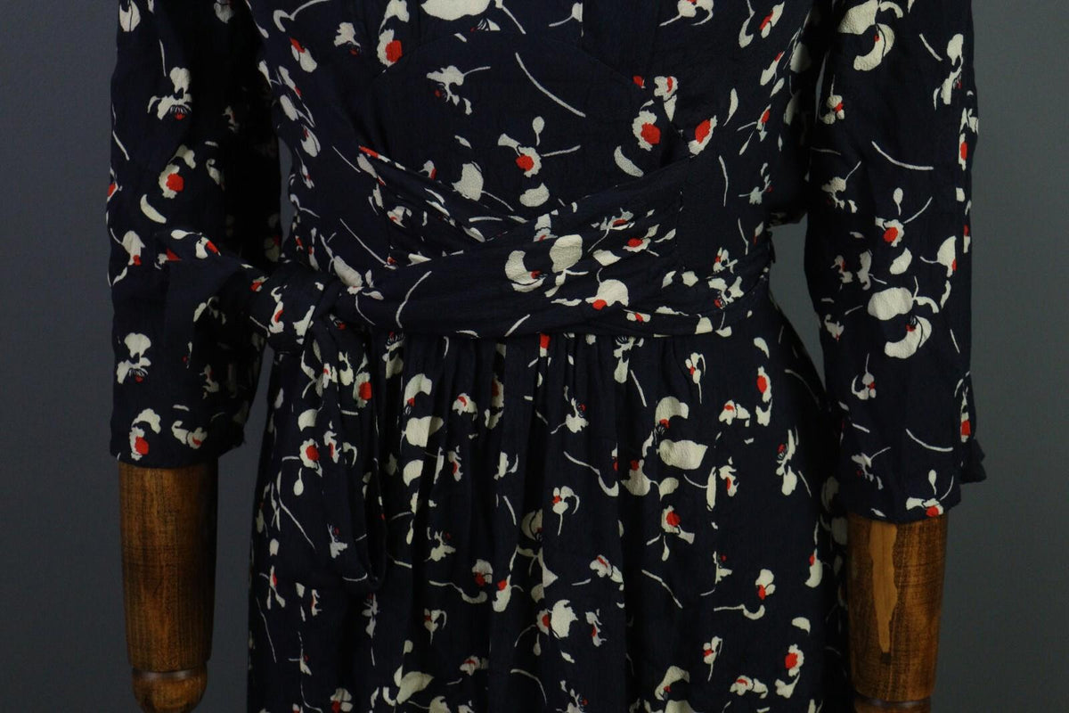 BA&SH Black Floral Long Sleeve V-Neck Belted A-Line Midi Dress – Size 4