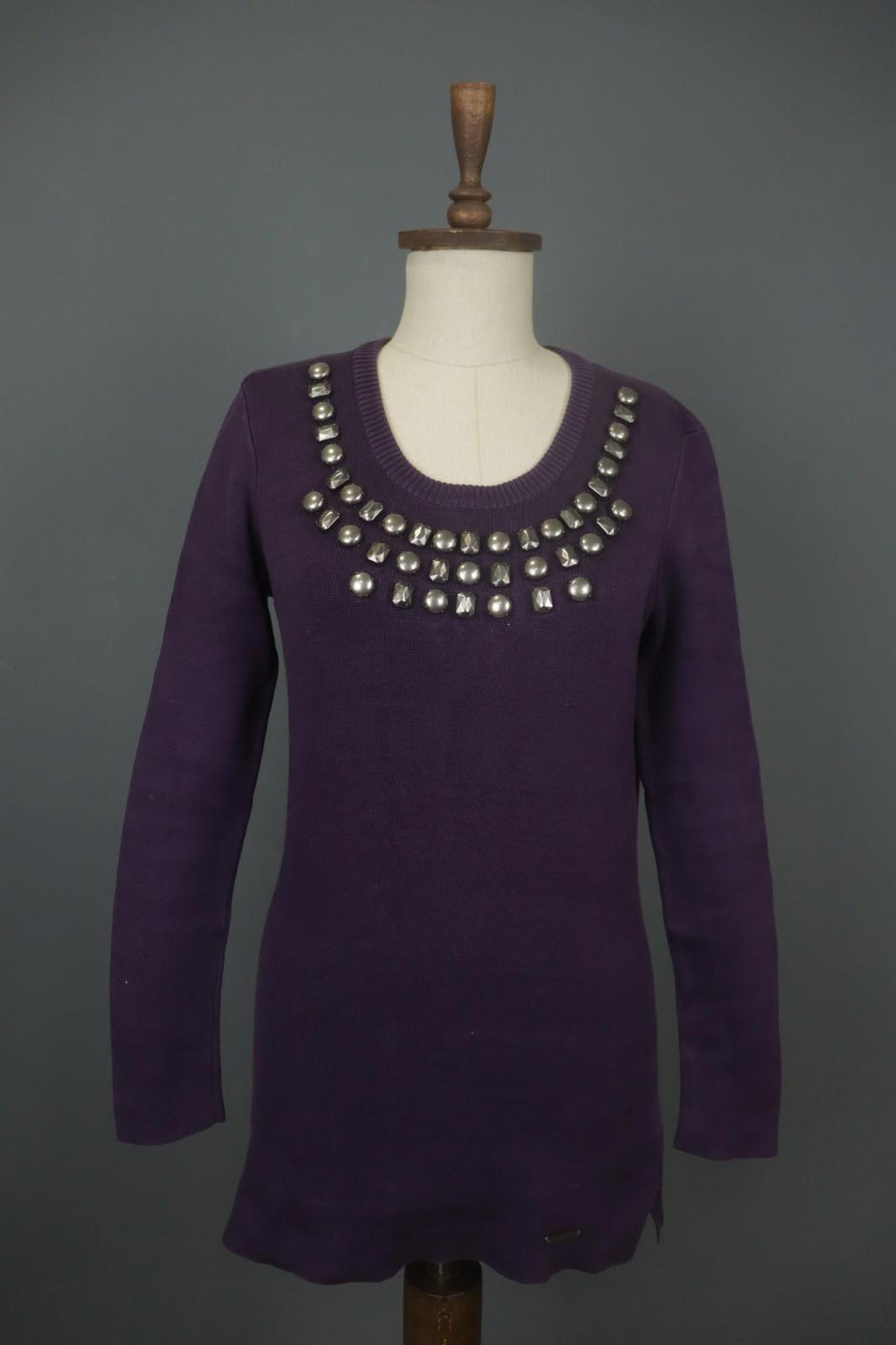 BURBERRY BRIT Purple Cotton Tight Knit Beaded Front Long Sleeve Sweater – Size S