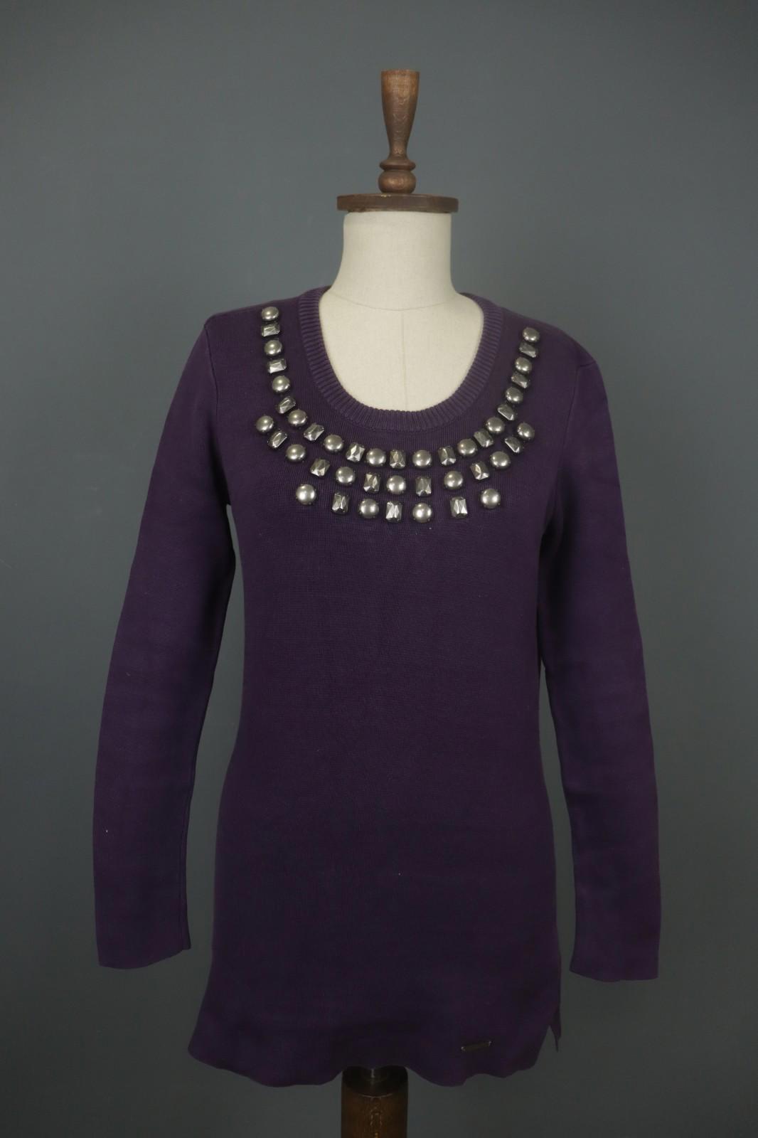BURBERRY BRIT Purple Cotton Tight Knit Beaded Front Long Sleeve Sweater – Size S