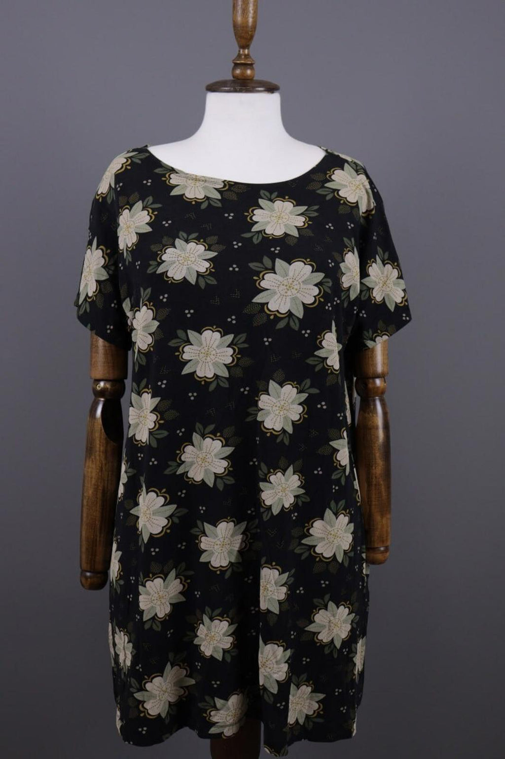 GUDRUN SJODEN Black Floral Relaxed Summer Short Sleeve Blouson Midi Dress – Size L