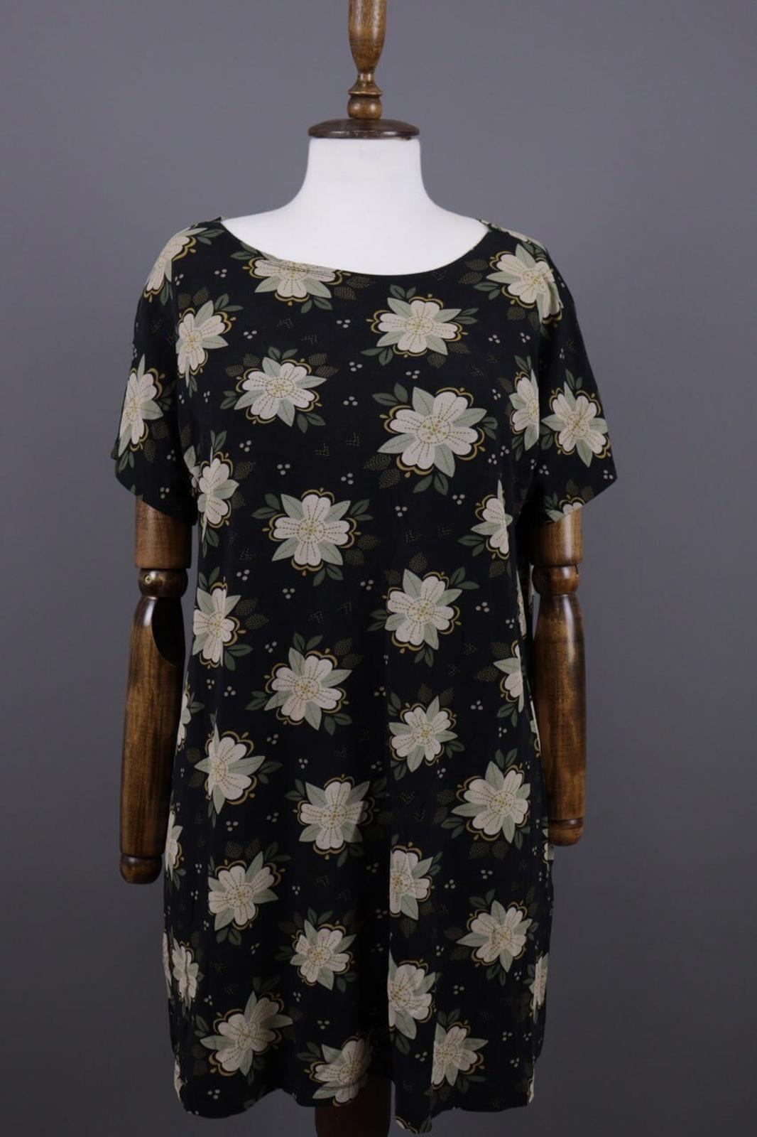 GUDRUN SJODEN Black Floral Relaxed Summer Short Sleeve Blouson Midi Dress – Size L
