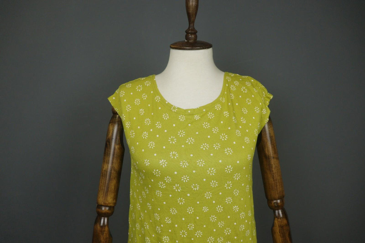 GUDRUN SJODEN Green White Floral 100% Modal Short Sleeve Round Neck Sheath Dress