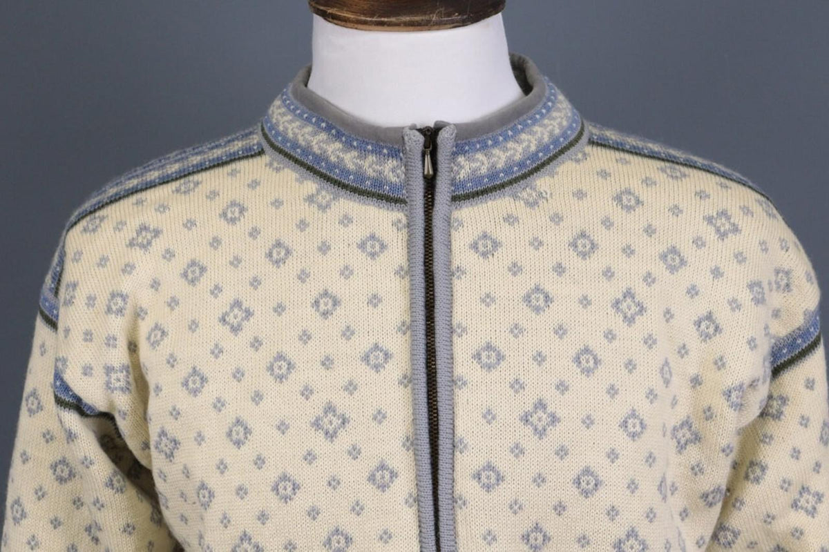 DALE OF NORWAY Beige Blue Fair Isle Wool Full Zip Knit Cardigan Sweater – Size M