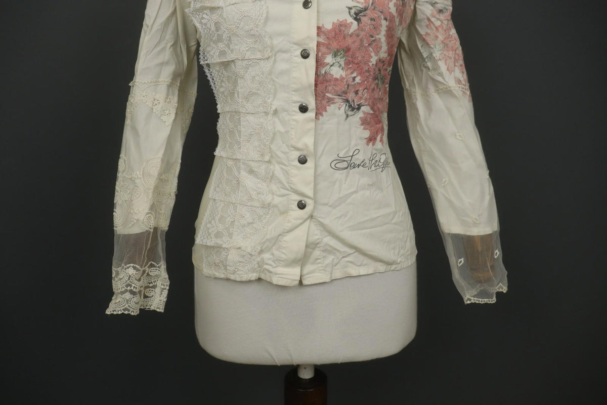 SAVE THE QUEEN White Floral Cotton Lace Long Sleeve Snap Button Shirt Top – Size S