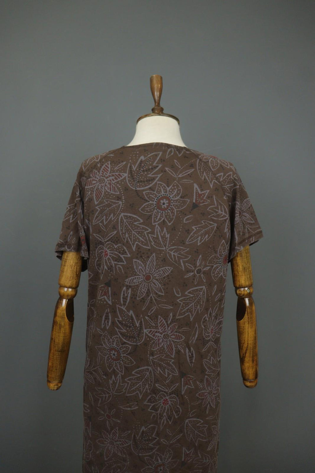GUDRUN SJODEN Brown Floral Lyocell Short Sleeve Round Neck Sheath Dress – Size M