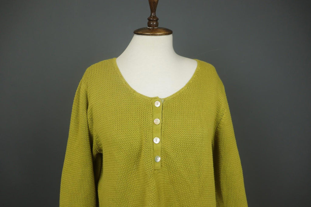 GUDRUN SJODEN Green Knitted Long Sleeve Round Neck Button Front Sweater – Size L