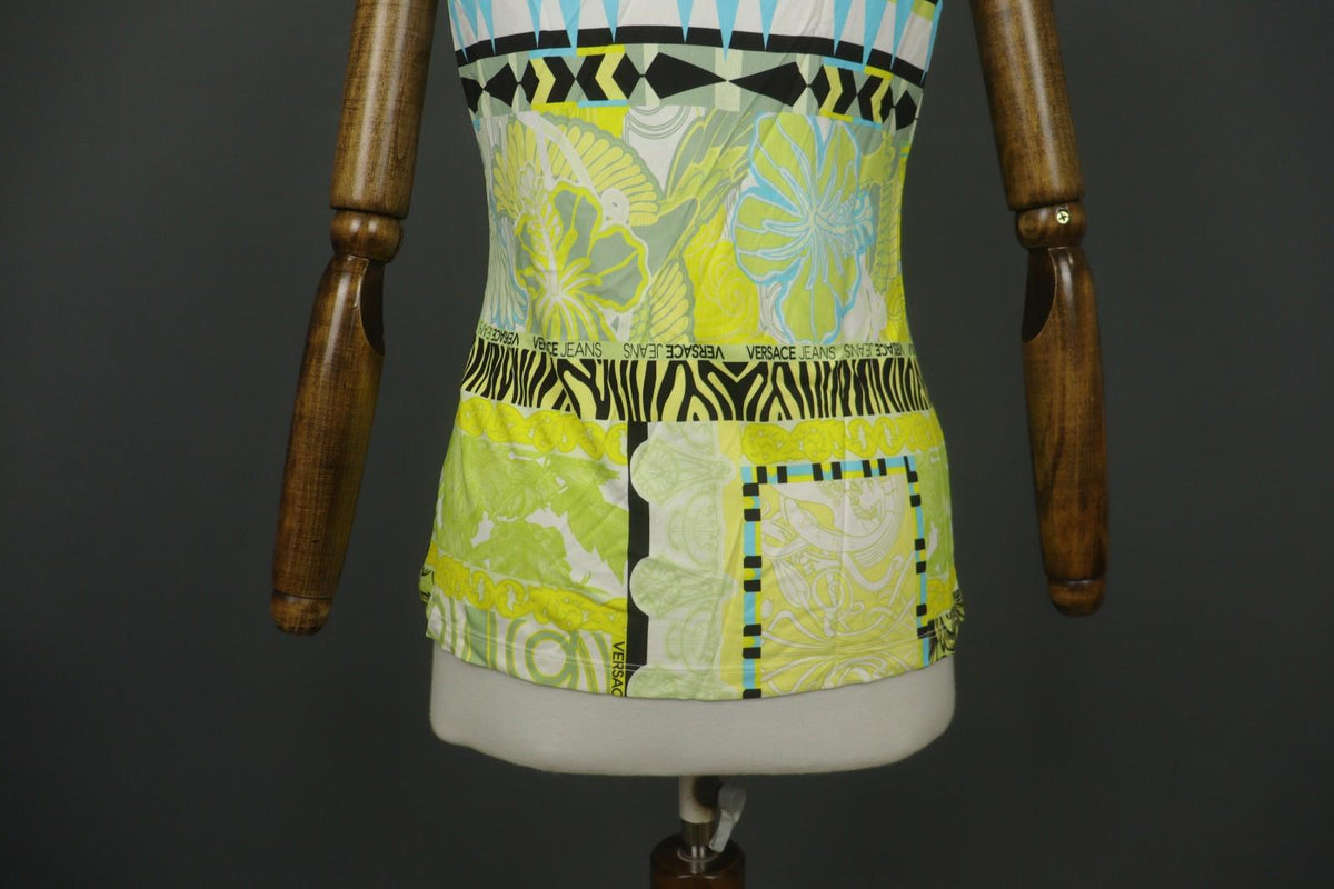 VERSACE JEANS Multicolor Geo Print Sleeveless Shoulder Button Blouse Top – Size 42