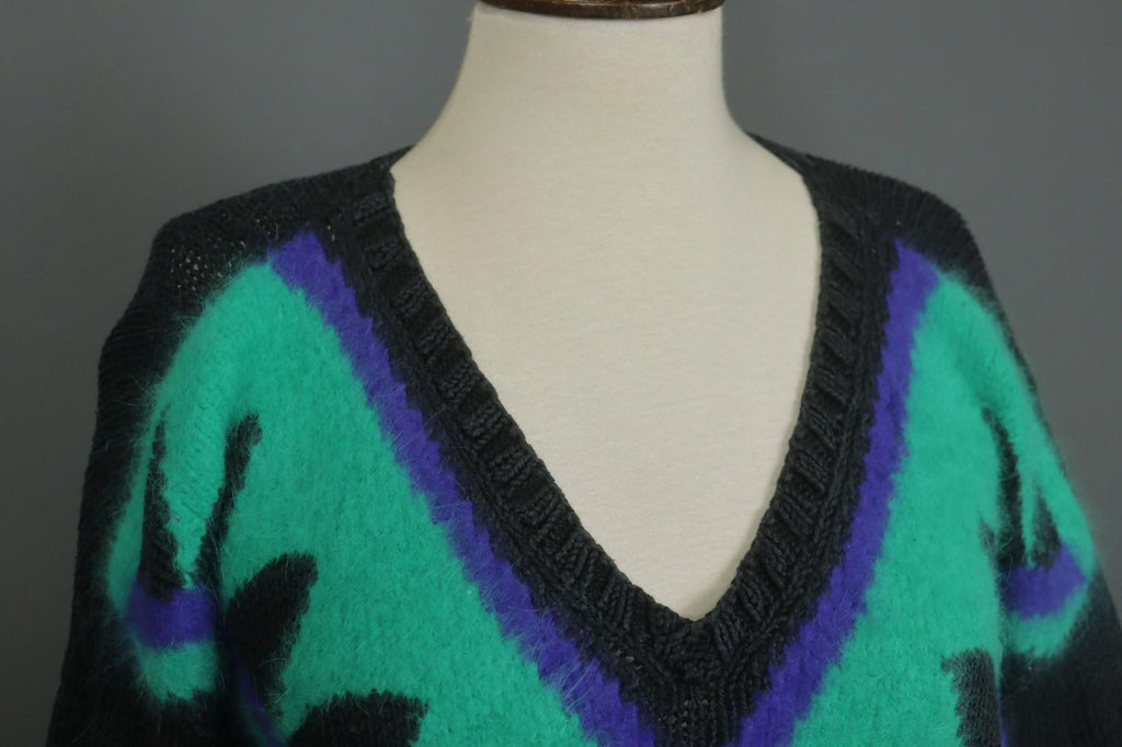 IRIS V ARNIM Multicolor Silk Chunky Knit Raglan Sleeve V-Neck Pullover Sweater