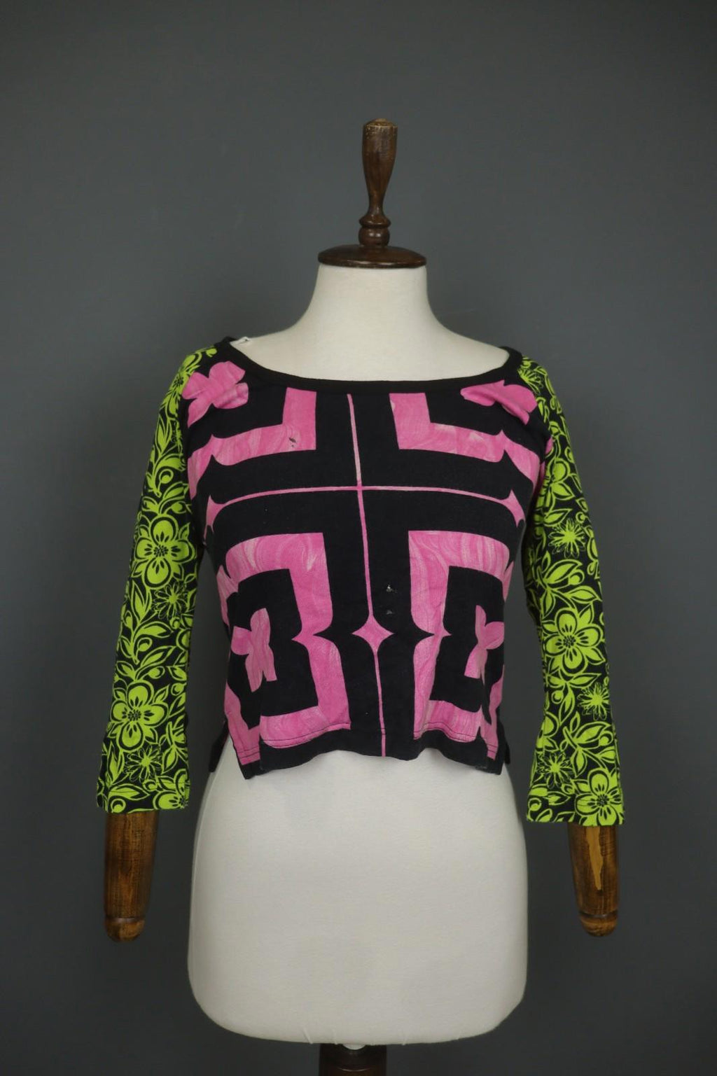 CUSTO BARCELONA Multi Floral Cotton Long Sleeve Round Neck Crop Blouse Top Sz M