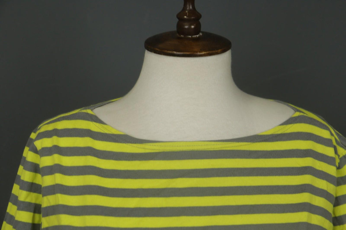 MARIMEKKO Original Yellow Gray Striped 100% Cotton 3/4 Sleeve Knit Top – Size L
