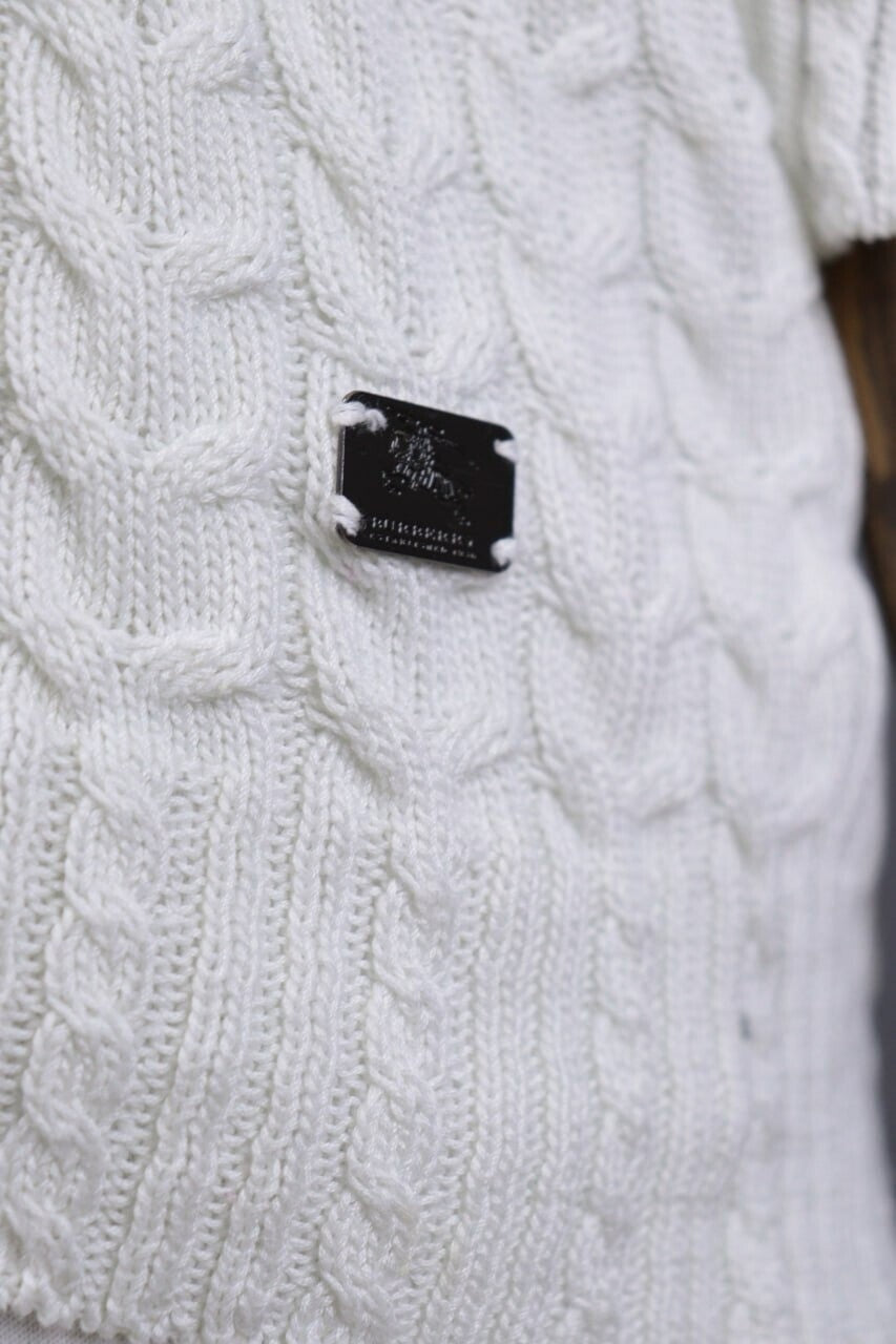 Burberry London White Striped Knit V-Neck Sweater – Size 40