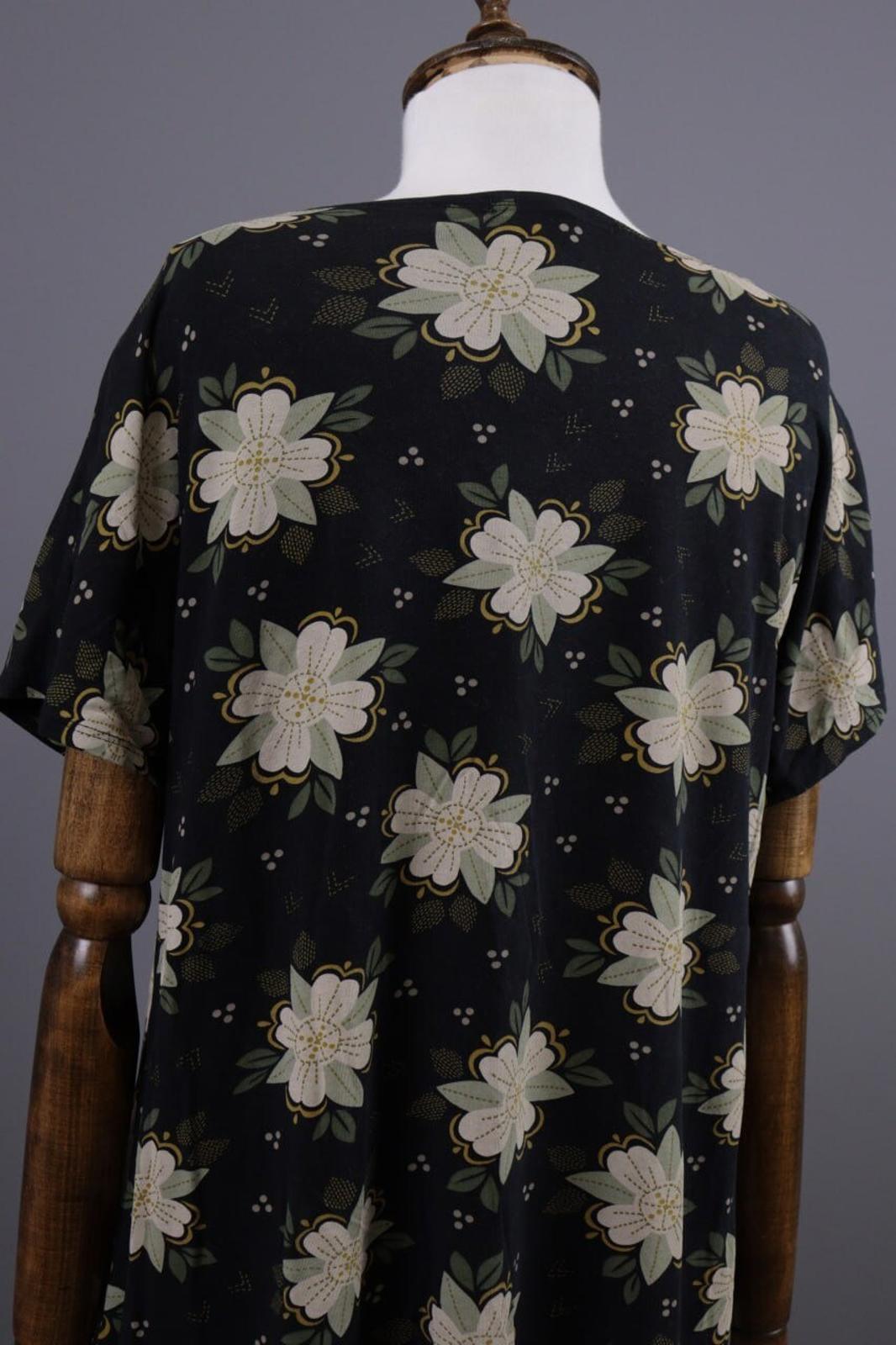 GUDRUN SJODEN Black Floral Relaxed Summer Short Sleeve Blouson Midi Dress – Size L