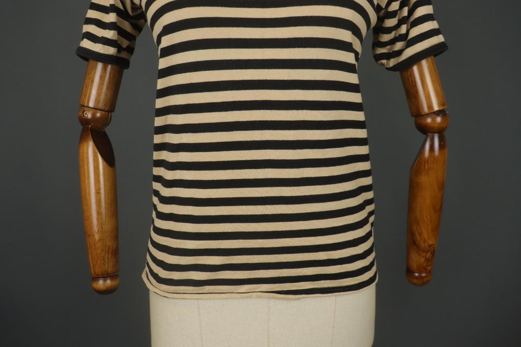 MARIMEKKO Beige and Black Striped Short Sleeve Crew Neck Top Blouse – Size S / M