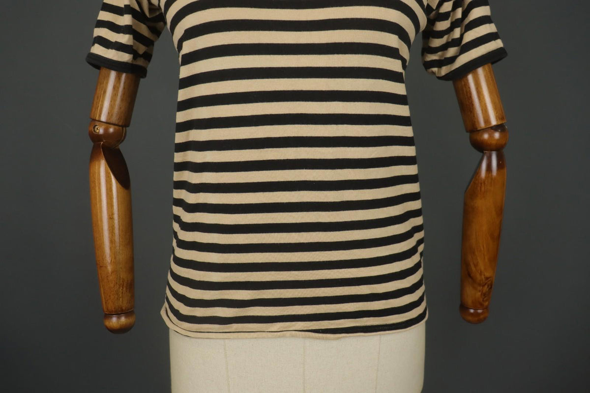 MARIMEKKO Beige and Black Striped Short Sleeve Crew Neck Top Blouse – Size S / M