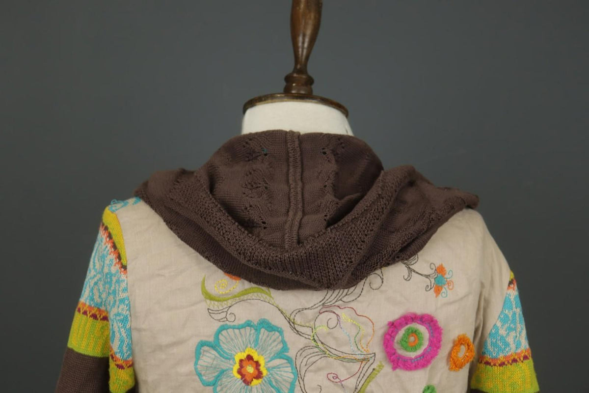 IVKO Multi Embroidered Floral Knitted Long Sleeve Full Zip Hooded Sweater – Size L