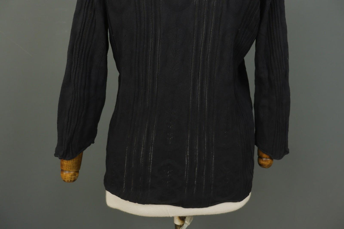 GUDRUN SJODEN Black Silk Open Knit Long Sleeve Round Neck Pullover Sweater