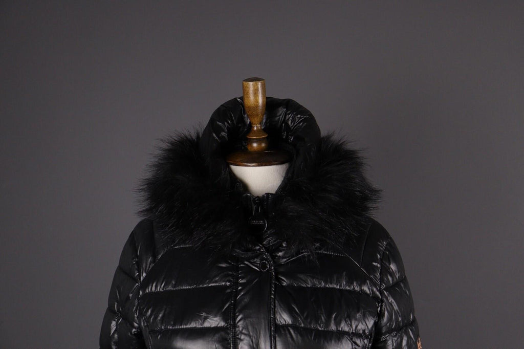 BARBOUR INTERNATIONAL Marleigh Quilt Jacket Belted Hooded Faux Fur – Size 34