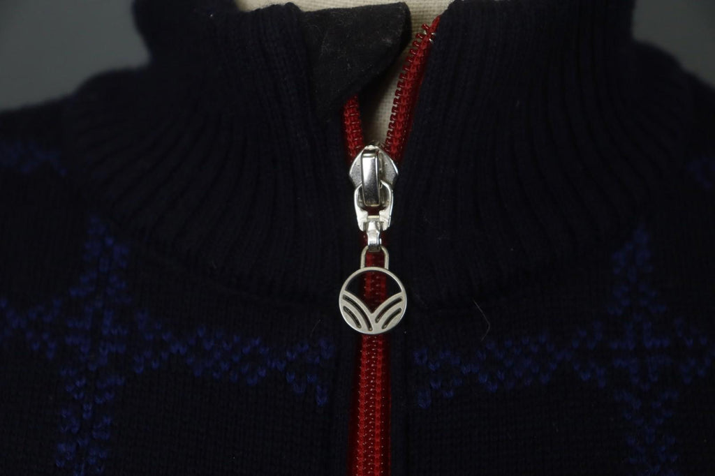 DALE OF NORWAY Navy 100% Wool Knitted Floral Mock Neck 1/4 Zip Sweater – Size XS