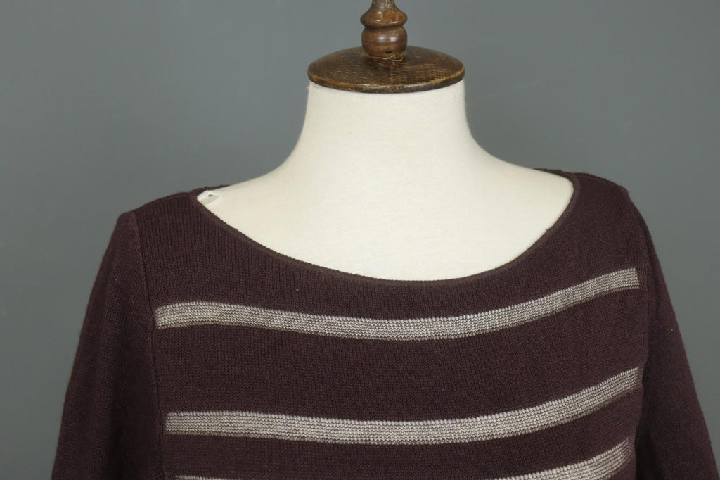SARAH PACINI Maroon White Striped Knitted Long Sleeve Round Neck Dress M / L